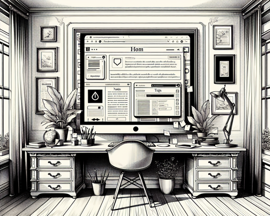 Das Bild zeigt ein Arbeitszimmer mit einem großen Computerbildschirm, der eine Website anzeigt. Der Schreibtisch, auf dem der Monitor steht, ist mit verschiedenen Büromaterialien wie Stiftbehältern, Notizblöcken und einem Globus dekoriert. Neben dem Schreibtisch befindet sich ein Stuhl. Im Raum gibt es Pflanzen und einige Bilderrahmen an den Wänden. Tageslicht strömt durch ein Fenster, das einen Ausblick auf eine grüne Umgebung bietet. Alles ist im monochromen Stil gehalten, wodurch eine skizzenhafte Atmosphäre entsteht.