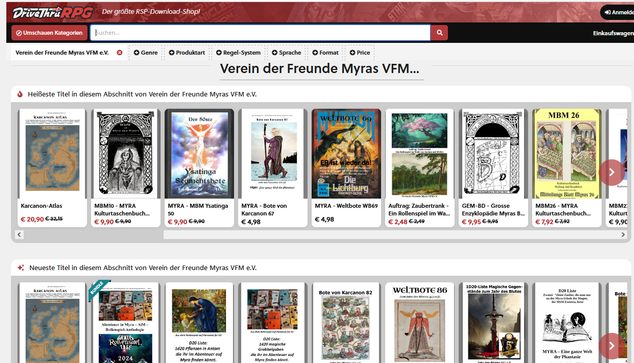 Verein der Freunde Myras auf DriveThruRPG - zeigt das Benutzerinterface und ganz viele Cover von Publikationen