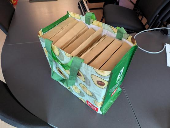 Eine Einkaufstüte mit 16 braunen A4 Briefumschlägen