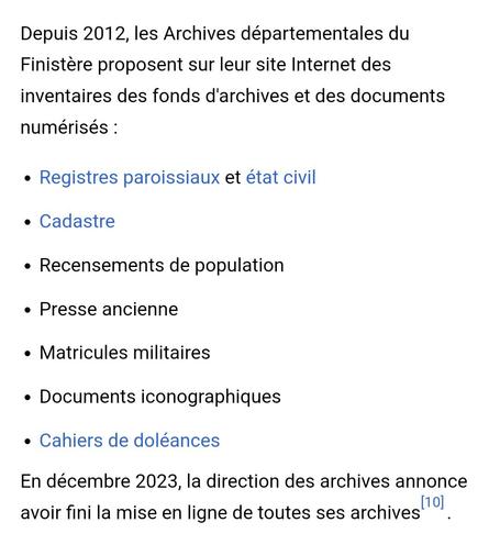 Capture d'écran d'une partie de l'article Archives départementales du Finistère, avec notamment le texte "en décembre 2023, la direction des archives annonce avoir fini la mise en ligne de toutes ses archives"