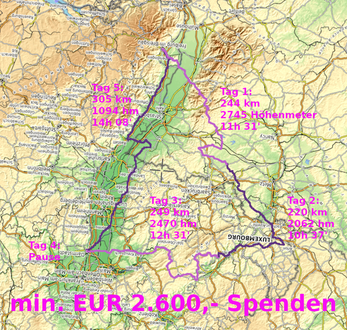 Screenshot einer Landkarte mit eingezeichnetem GPS-Track in Form eines Weichnachtsbaumes. Dazu Daten zu den 4 Tagesetappen und "min. EUR 2.600,- Spenden"