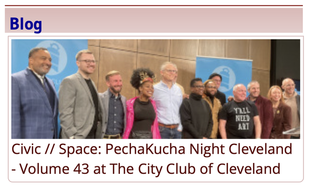 November 21, 2024, PechaKucha Night Cleveland Volume 43 presenters and organizers on The City Club of Cleveland stage for a group photo. 

Blog title: "Civic // Space: PechaKucha Night Cleveland - Volume 43 at The City Club of Cleveland"