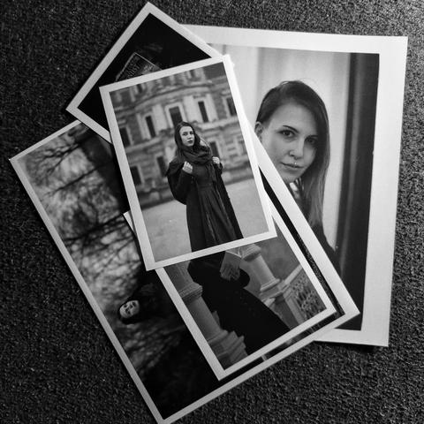 black and white photo of several photos featuring Nora Oakleaf