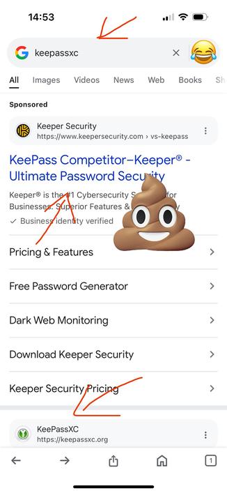 Screenshot of KeePassXC being targeted by a “competitor” on Google ads.