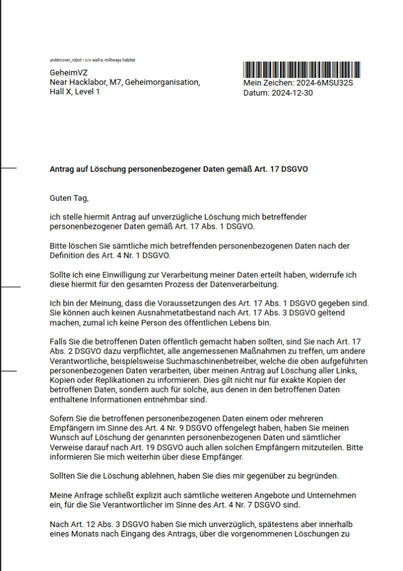 Screenshot Antrag auf Löschung personenbezogener Daten gemäß Art. 17 DSGVO, adressiert an GeheimVZ, Near Hacklabor, M7, Geheimorganisation, Hall X, Level 1