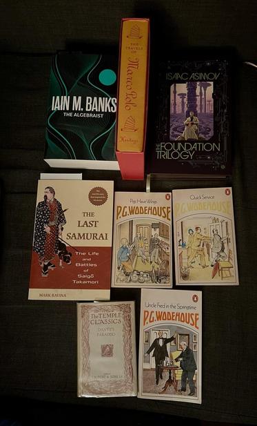Many books. 

Foundation Trilogy by Isaac Asimov.
The Algebraist by Iain M. Banks.
Paradiso by Dante
The Travels of Marco Polo.
The Last Samurai by Mark Ravina.
Uncle Fred in the Springtime by P. G. Wodehouse.
Quick Service by P. G. Wodehouse.
Pigs Have Wings by P. G. Wodehouse.