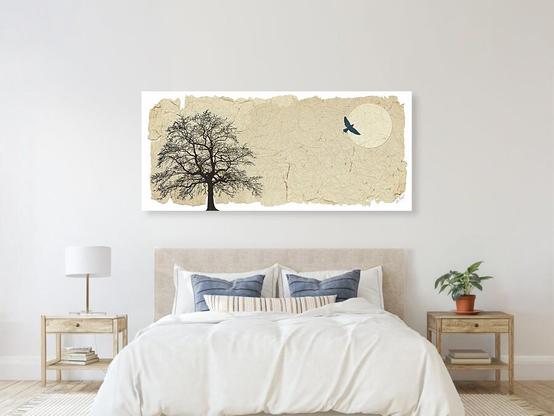 Single barren tree with a tan and cream paper background and a bird in flight in front of the moon by artist and poet Sharon Cummings.  Haiku in post.