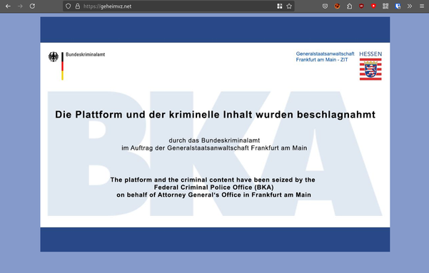Screenshot von geheimvz.net. Statt des GeheimVZ gibt es einen offiziell aussehenden Hinweis vom "BKA": "Die Plattform und der kriminelle Inhalt wurden beschlagnahmt".