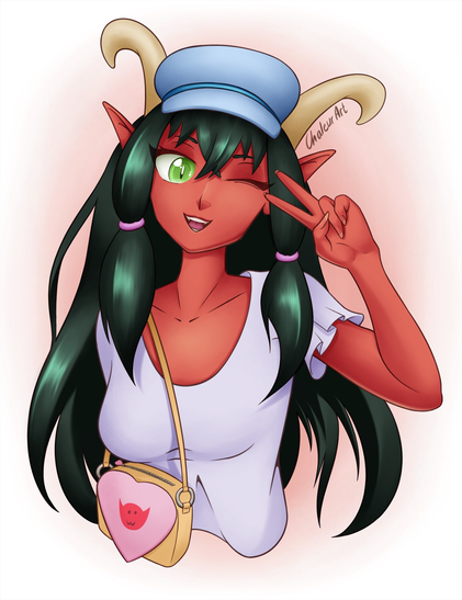 Digital portrait of a demon girl winking and making the V sign with her left hand. She has red skin, long ears, big horns slightly curling backwards, green eyes and long dark green hair. She is wearing a light purple shirt, a blue hat and is carrying a purse with a little demon head on a heart shape.