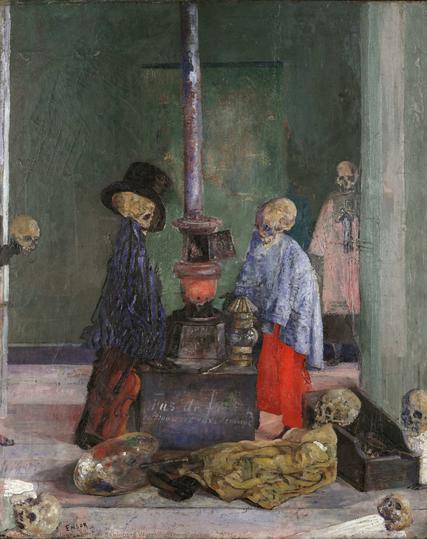A painting by James Ensor depicting a group of dressed-up skeletons around a stove in a bare room.