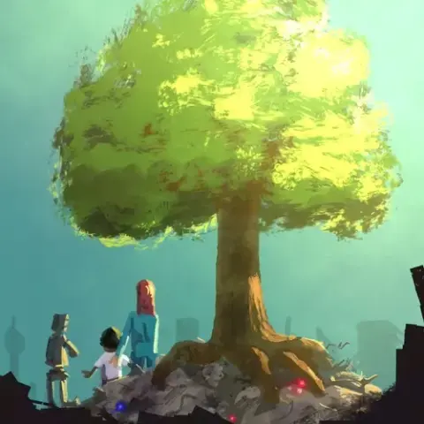 Eine Zeichnung mit einem Baum und 3 Menschen daneben.