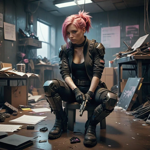 female with pink hair in cyber-punk armour sits in the middle of messy room on a stool, (in one lowered hand she holds futuristic pistol:1.4), she is thougtful, head down, papers on floor, dirt, fallen furniture, cables, cinematic, dramatic