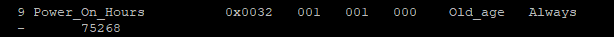 Snippet of the output from smartctl showing the total power on hours of a hard drive in a ZFS array
