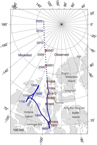 map - movement of the magnetic pole since 1590