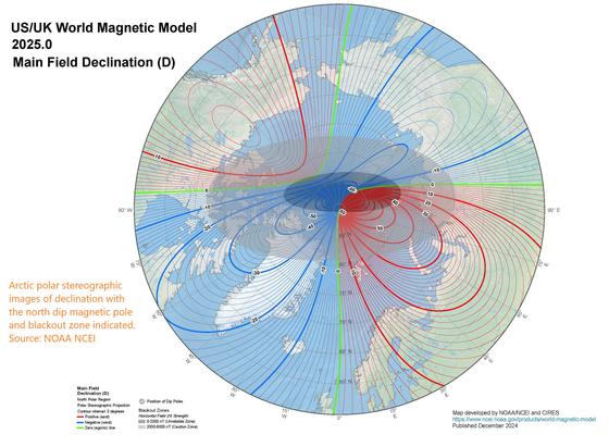 map - Arctic polar stereographic images of declination with the north dip magnetic pole and blackout zone indicated. Source: NOAA NCEI