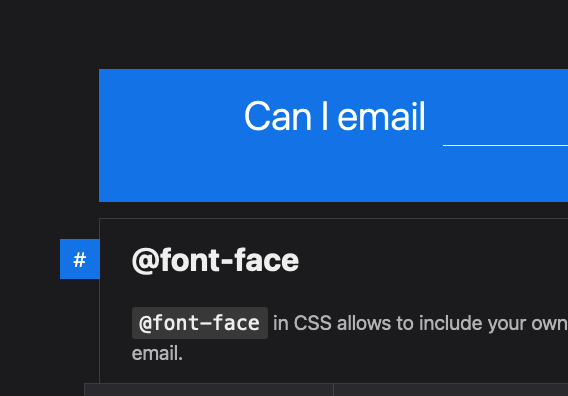A screenshot of can I email with the first option being displayed "@font-face".