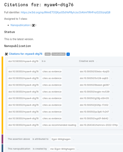 Screenshot from the blogpost showing a nanopublication on the NanoDash platform. The assertion statements link the DOI URL of a blogpost to that of multiple other blog post DOIs with "cites as evidence" CiTO citation intent annotations.