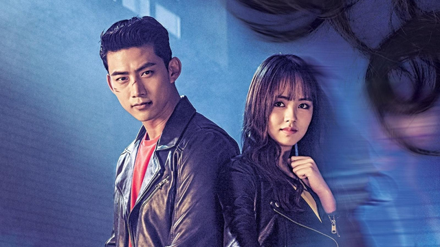 Poster for South Korean drama "Bring it On Ghost!" with Taecyon & Kim So Hyun standing back to back in black jackets.
