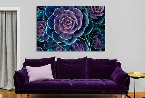Purple and teal succulent plant in a floral pattern by artist Sharon Cummings.