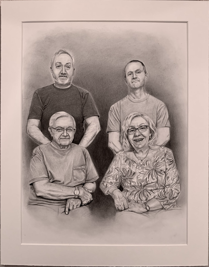 A realistic portrait drawn with graphite pencil, of an elderly couple seated with their two sons standing behind them.