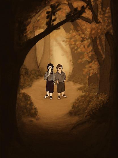 A digital illustration of Sam and Frodo from LOTR. They are short hobbits with curly hair wearing dirty clothes. They’re standing in the middle of forest with worried expressions. The art style is inspired by Over the Garden Wall’s. The forest is oil painted in warm colors. Sam and Frodo are cartoons.