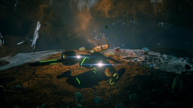 Ein Screenshot aus dem Spiel. Ein Raumschiff vom Typ Sentinel befindet sich in der unmittelbarerer Nähe eines großen Asteroiden, der  Seeanemonen-ähnlichen Lebewesen eine Heimat bietet.