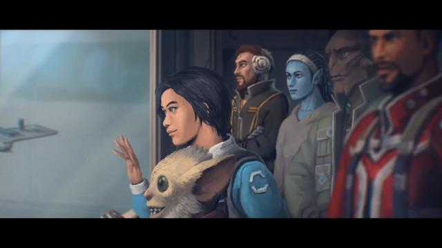 Ein Screenshot aus einer Videosequenz des Spiels. Man sieht verschiedene Wegbegleiter des Haptcharcters Adam Roslin, die erleichtert wirken.