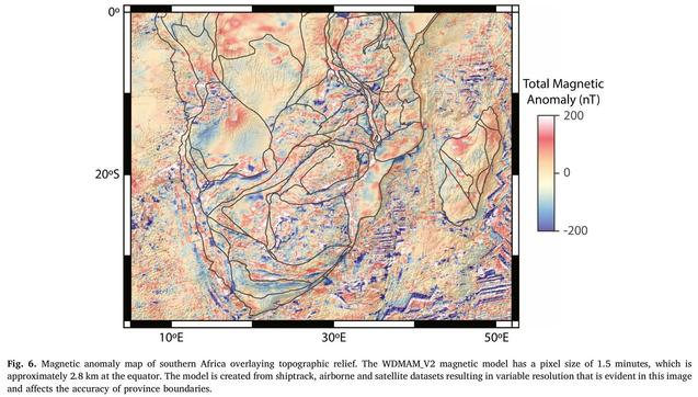 map - Magnetic anomaly map of southern Africa overlaying topographic relief. The WDMAM_V2 magnetic model has a pixel size of 1.5 minutes, which is approximately 2.8 km at the equator. The model is created from shiptrack, airborne and satellite datasets resulting in variable resolution that is evident in this image and affects the accuracy of province boundaries.