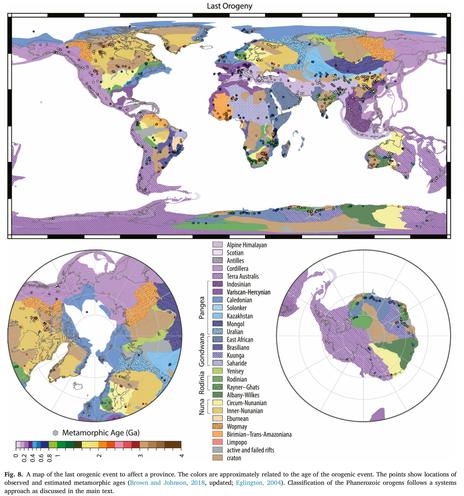 maps - map of the last orogenic event to affect a province. The colors are approximately related to the age of the orogenic event. The points show locations of observed and estimated metamorphic ages