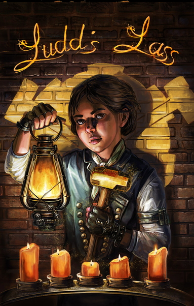 A powerful young woman holding a small sledge hammer and a lantern, with the words 'Ludd's Lass' emblazoned across the top of the image.