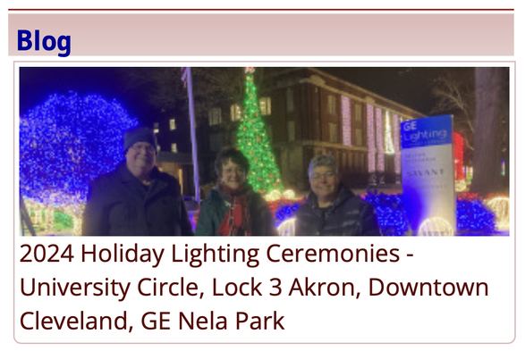Friday, December 6, 2024, Stuart and Julie Smith with Lighting Designer Debbie Shore George at the GE Lighting Nela Park Holiday Lighting Ceremony. This was a special celebration of 100 years of holiday lights at this East Cleveland location.

Blog post title: "2024 Holiday Lighting Ceremonies - University Circle, Lock 3 Akron, Downtown Cleveland, GE Nela Park"
