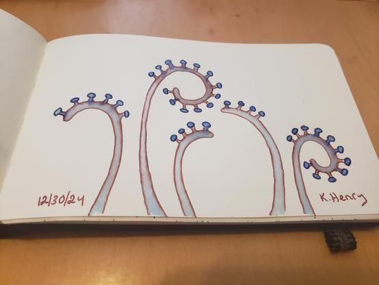 Hand drawn generative/procedural art in ink on an open page of my sketchbook. The abstract pattern is inspired by little fungi on the edges of other curving structures...perhaps plants, or perhaps another fungi type.