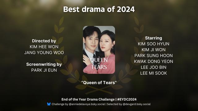 Best drama of 2024: Queen of Tears

Directed by
KIM HEE WON
JANG YOUNG WOO

Screenwriting by
PARK JI EUN

Starring
KIM SOO HYUN
KIM JI WON
PARK SUNG HOON
KWAK DONG YEON
LEE JOO BIN
LEE MI SOOK

End of the Year Drama Challenge | #EYDC2024
Challenge by @anniedelavoye.bsky.social | Selected by @devgard.bsky.social
