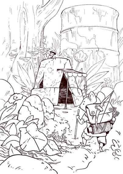 A mouse explorer in the forest, in front of a house made of a flowepot