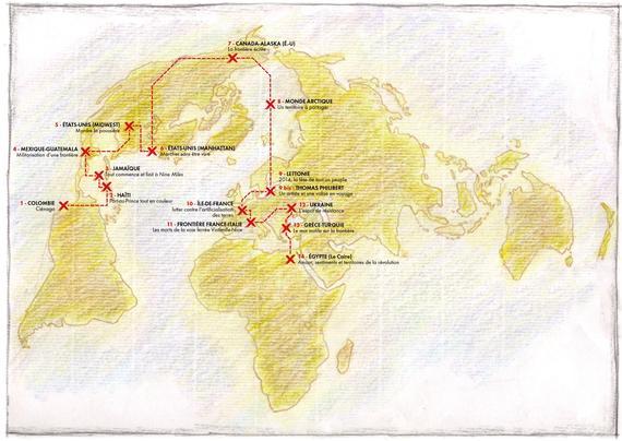 Carte du voyage virtuel autour du monde proposé par visionscarto, en puisant dans ses archives : un jour un lieu, un jour une histoire.