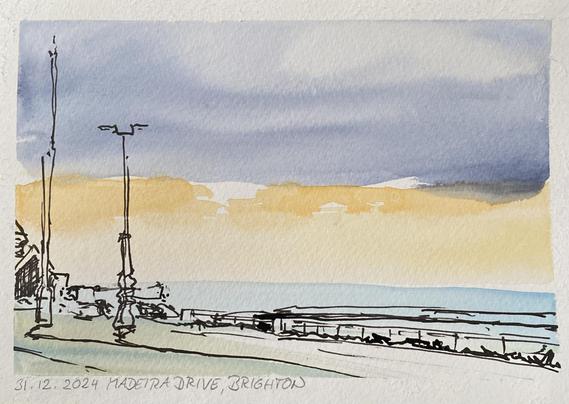 Coloured Sketch of a cloudy sky, the sea and some structures like lampposts and a sidewalk.