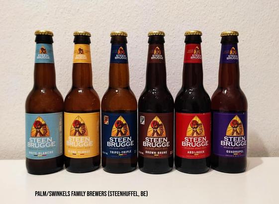 Six brown 330 ml bottles of beer. The labels all have the same "church window" design, but in six different colors (from left to right: light blue, yellow, dark blue, brown, red, purple.