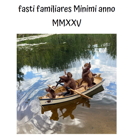 Photo of Minimus, Minima and Silvius, the Latin mice, in a rowing boat. The text above reads "fasti familiares Minimi anno MMXXV" which means, the family calendar of Minimus 2025
