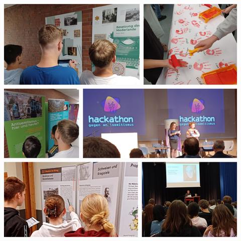 Bildercollage von einigen Aktionen der #Erinnerungsarbeit im Jahr 2024:
*Anne Frank-Plakatausstellung und -Projekt
*RedHandDay zum Thema "Kinderrechte"
*Projekt zum Thema "Antisemitismus und Jüdisches Leben in Schleswig-Holstein"
*Teilnahme von SuS am zweiten bundesweiten Hackathon gegen Antisemitismus
*Besuch der Volksbund-Ausstellung "14/18 - Mitten in Europa" zum Ersten Weltkrieg
*Lesung aus dem Tagebuch von Victor Klemperer
*...