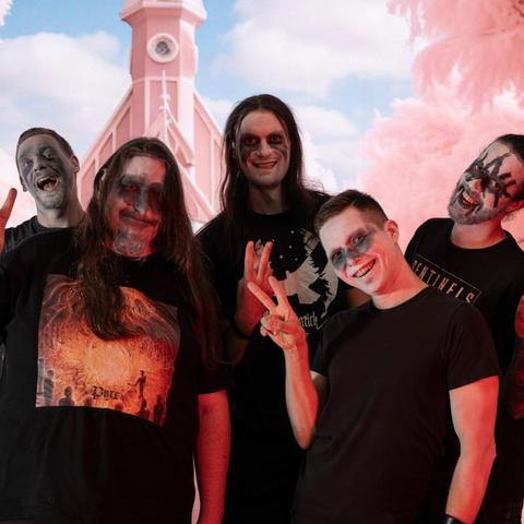 Die Band vor einem rosa Hintergrund posiert mit Duckfaces und anderen Grimassen.