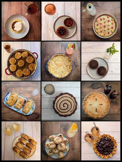 A 3 x 4 grid of square flat-lay photos of pies next to cocktails.
Left-right, top-bottom:
- An individual pie sat on a bed of mashed potato with a cream sauce, next to a dark red cocktail with cherry garnish
- Two individual berry pies on a plate, next to a light red cocktail
- A golden pie with mixed balls of yellow, orange and red on top, next to a cloudy yellow cocktail with lemon and cherry garnish
- A cast iron containing a dark brown stew with cobbler top of individual golden circles, next to a small brown cocktail
- A quiche, next to a pink cocktail with lime wheel and watermelon slice garnish
- Two individual chocolate-filled pies on a plate, next to a light brown cocktail with mint-sprig garnish
- Three rectangular golden hand-pies on an oblong plate, next to a clear sparkling cocktail in a champagne glass
- A pie with chocolate crust and light brown cream topping with a swirl of dark brown sauce on top, next to a dark brown cocktail
- A golden pastry-topped pie with four slits cut in it, next to two dark red cocktails with fruit garnish
- Eight individual sausage rolls with golden puff pastry on a plate, next to two cloudy yellow cocktails with pear slice garnish
- A pile of round individual pastries on a plate, with three slits each and a dark fruit filling visible inside, next to a clear yellow cocktail with large orange slice garnish
- A golden pie with a cherry topping surrounded by pastry fir trees, next to two brown cocktails with cherry garnish