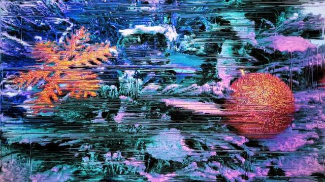 A glitched close-up of a Christmas tree and baubles.
