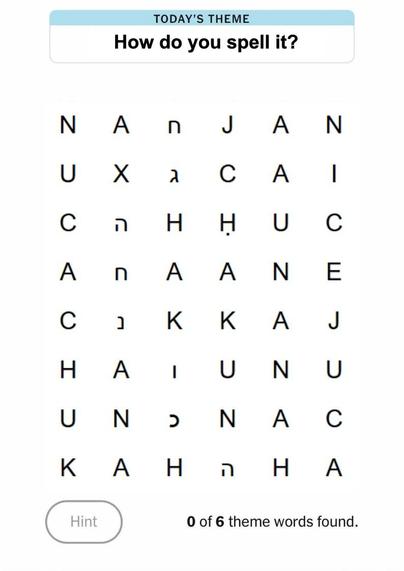 Appears to be a screenshot of the NYT Strands game on mobile.
Today's Theme: 'How do you spell it?' At the bottom is a ghosted out button for 'Hint', next to '0 of 6 theme words found.'

The letters:
N	A	ח	J	A	N
U	X	ג	C	A	I
C	ה	H	Ḥ	U	C
A	ח	A	A	N	E
C	נ	K	K	A	J
H	A	ו	U	N	U
U	N	כ	N	A	C
K	A	H	ה	H	A