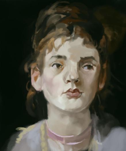 Digital portrait painting of a young woman, a master study of a detail from John Everett Mallais' Hearts are Trumps painting