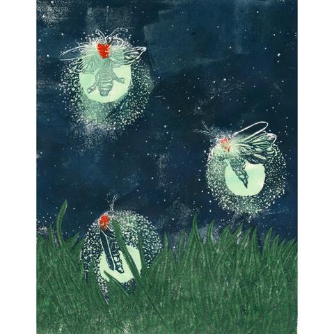 My linocut showing 3 fireflies in green grass against a dark blue starry sky. Each firefly has orange on its upper body and its lower body is surrounded by a globe of light to show it is glowing,  printed in glow in the dark ink.