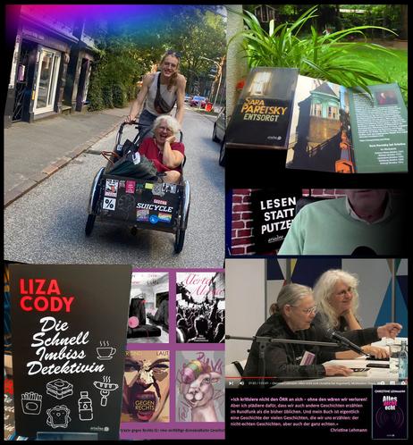 Collage aus allerlei Fotos: Josie und ich beim Suicyclefahren im Karoviertel, Sara Paretskys Roman "Entsorgt", Liza Codys Roman "Die Schnellimbissdetektivin", Plakate gegen Rechts (Auswahl), Autorin Christine Lehmann und ich bei Lesung.