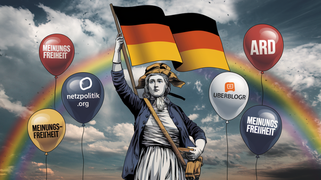 A surrealist graphic with a positive spirit, featuring a German version of Marianne from the French Revolution holding a German flag. The background is a cloudy sky with a rainbow. There are balloons with text that say "Meinungsfreiheit", "Altpapier", "Netzpolitik.org", "Blogs", "ARD", "ZDF", "Meinungsfreiheit", "UberBlogr".