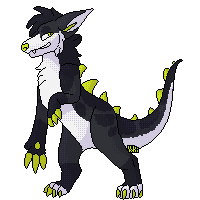 A kaiju dino dog of ash grey, white and Green pixel.