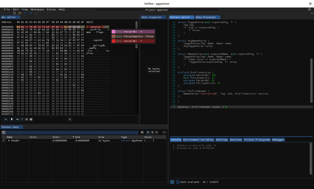 Screenshot of the ImHex editor showing a loaded apparmor profile on the left and the data pattern language describing it on the right.