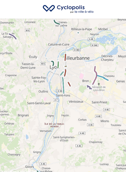 Une vue cartographique de l'interface du site cyclopolis.fr qui recense les aménagements cyclables de la Métropole de Lyon. Ici, on distingue les tronçons réalisés uniquement.